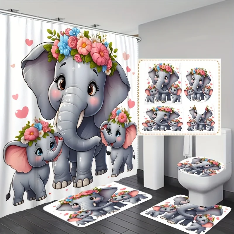 Elephant Bathroom Set Colorful Floral Wreath Design - Machine Washable Polyester Bath Ensemble with Fade Resistant Animal P