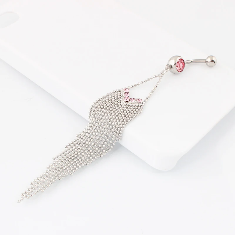 Body Jewelry  Women Belly Button Ring Tassel Chain Fashion Lady Piercing Jewelry Navel Ring 14G 316L Surgical Steel Clear Pink