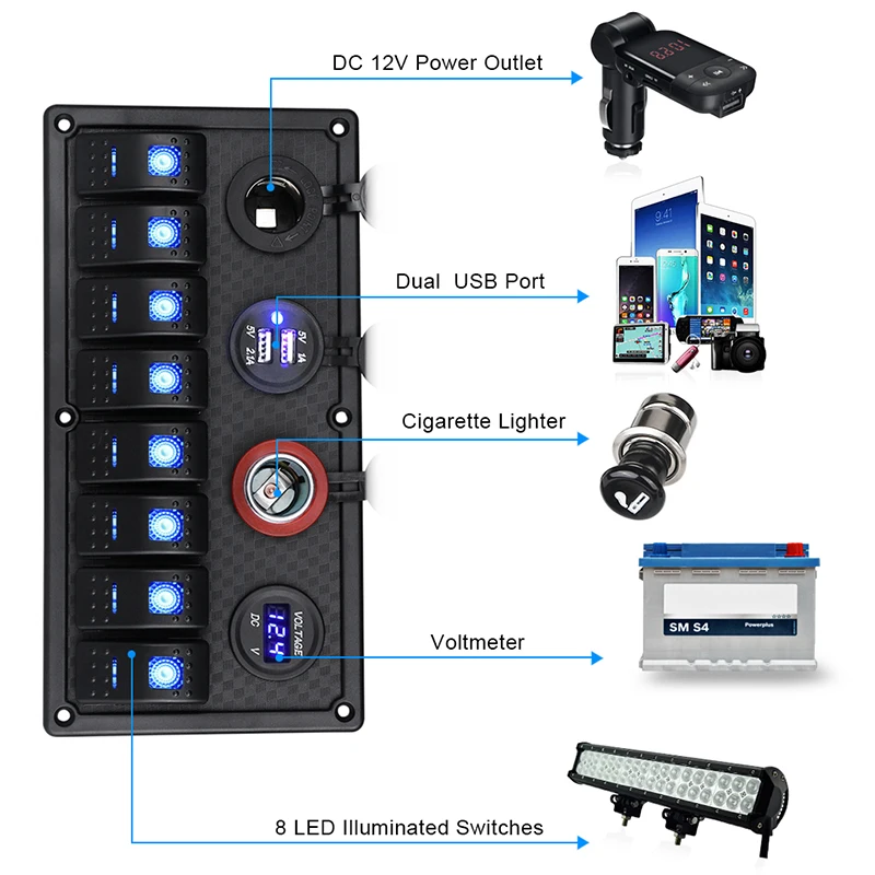 8 Gang Rocker Switch Panel For Car Boat Truck Waterproof 12V 24V Voltmeter Power Dual USB 4.2A Socket Panel Kit Accessories