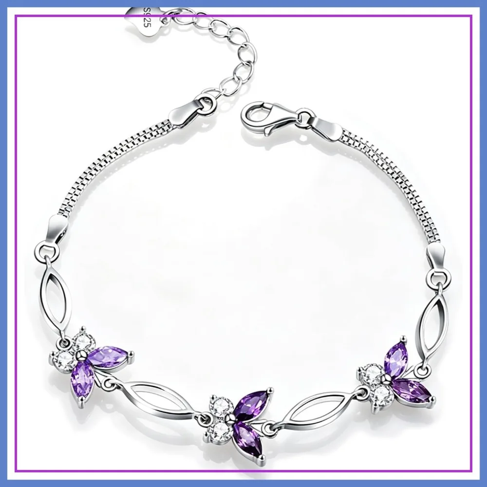 

S925 Sterling Silver Purple Butterfly Bracelet, Adjustable Charm Bracelet for Women, Anniversary Holiday Christmas Mothers Day Birthday Gift for Mother Wife Daughter