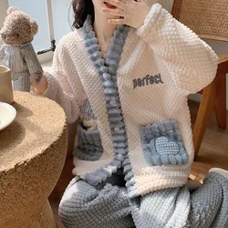 Girls Coral Velvet Pajamas Women Autumn Winter Loungewear 2024 New Thickened Plush Sleepwear Flannel Home Wear Cardigan Set