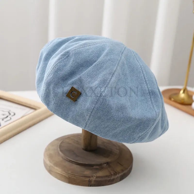 Denim Berets Hat Retro Casual Spring and Summer Shade Painter Cap Korean Alphabet Blue Beret Women\'s Hats LUXXETON