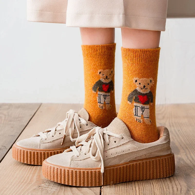 Cartoon Bear Socks Women Autumn Winter Thick Warm Socks Korean Cute Kawaii  Harajuku Designer Fashion Socks Women