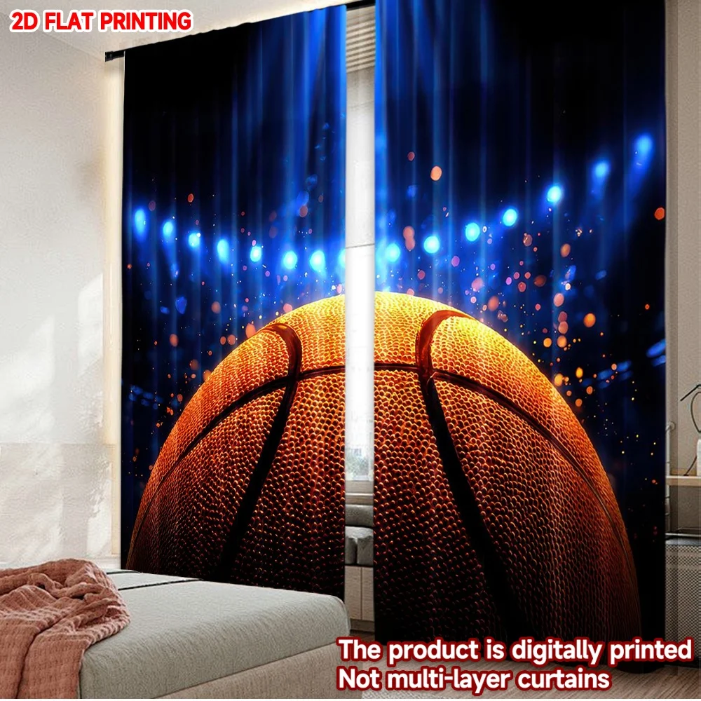 2D flat printing 2pcs Curtain Curtain Basketball Under Spotlights Digital Printed Polyester Drapes Festive Curtains Perfect for