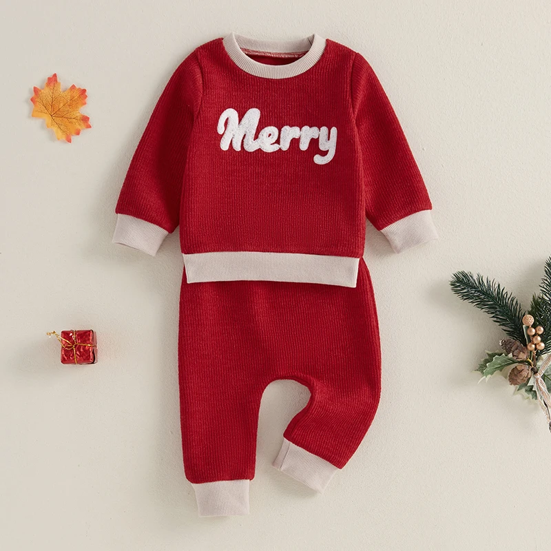 Tenue de Noël 2 pièces pour bébé avec broderie de lettres, sweat-shirt à manches longues et pantalon élastique, ensemble décontracté pour nouveau-né, vêtements d'automne