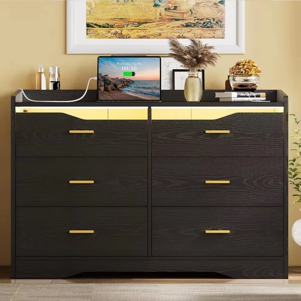 

Dresser for Bedroom with LED Light and Charging Station,Large Dressers&Chests of Drawers with 6 Wooden Drawers,Storage Organizer