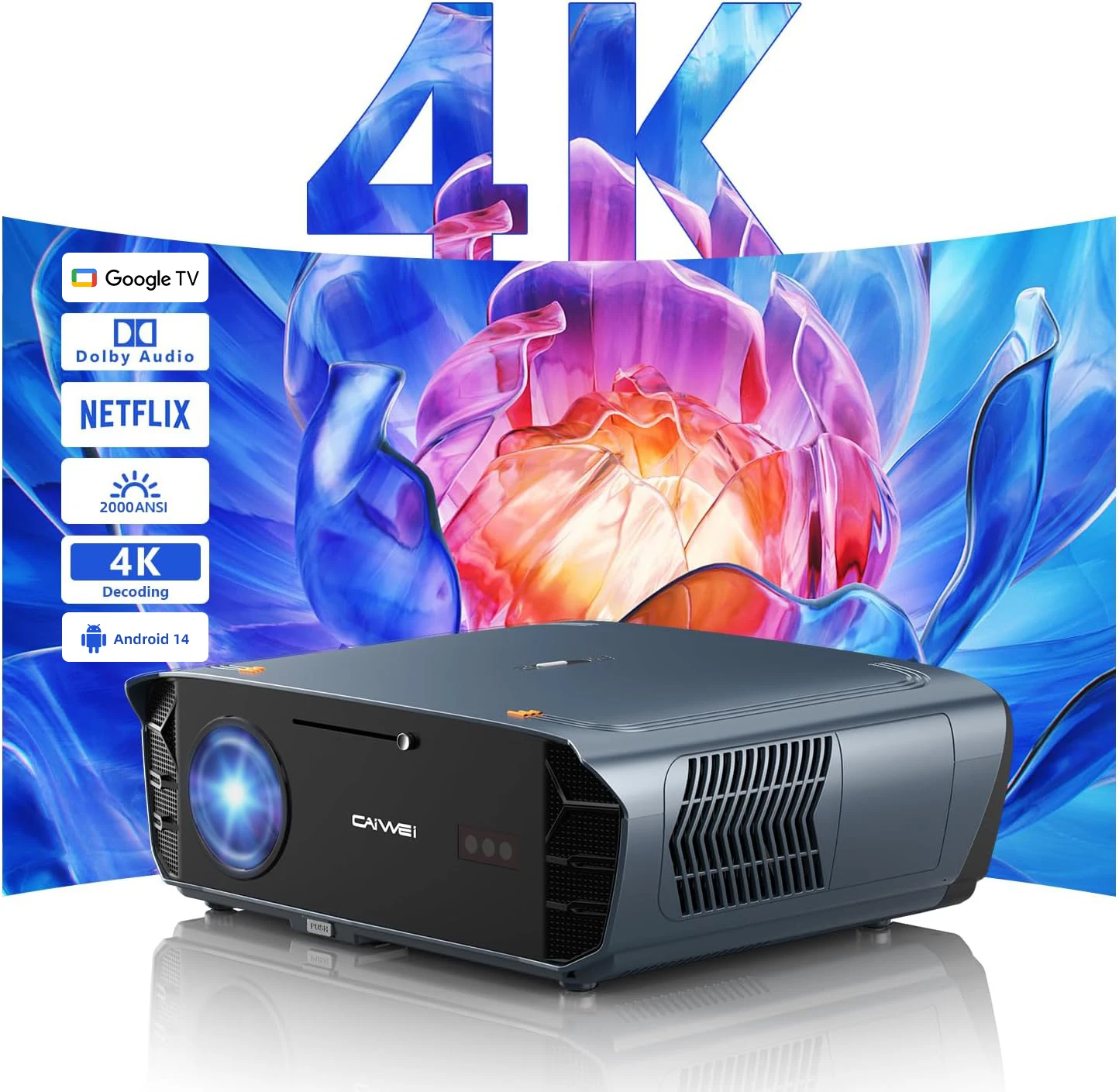 

[2000 ANSI & Google TV] 4K UHD Android 14 Projector Smart TV Dolby Projectors Portable Home Cinema 5G WiFi Netflix & Google Play