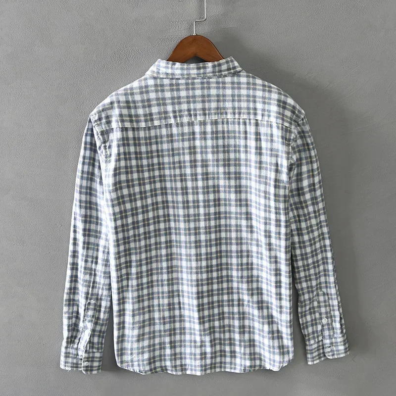 Camisa Vintage clásica de algodón a cuadros para hombre, camisa azul de manga larga, informal, ajustada, con botones