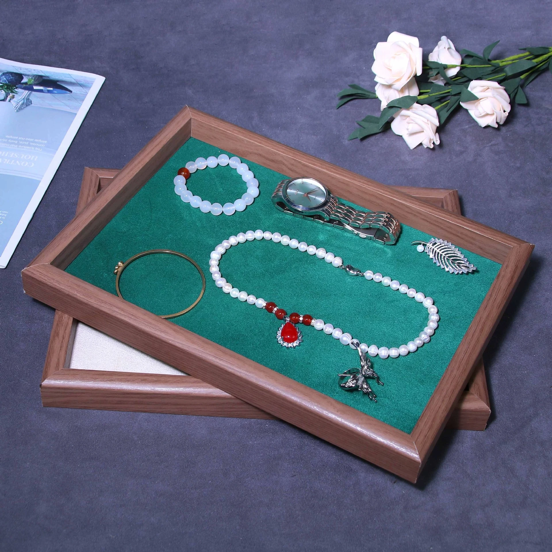 

Vintage Jewelry Tray Velvet Wood Necklace Bracelet Bangle Earrings Ring Display Storage Trays Jewellery Organizer Showcase Props