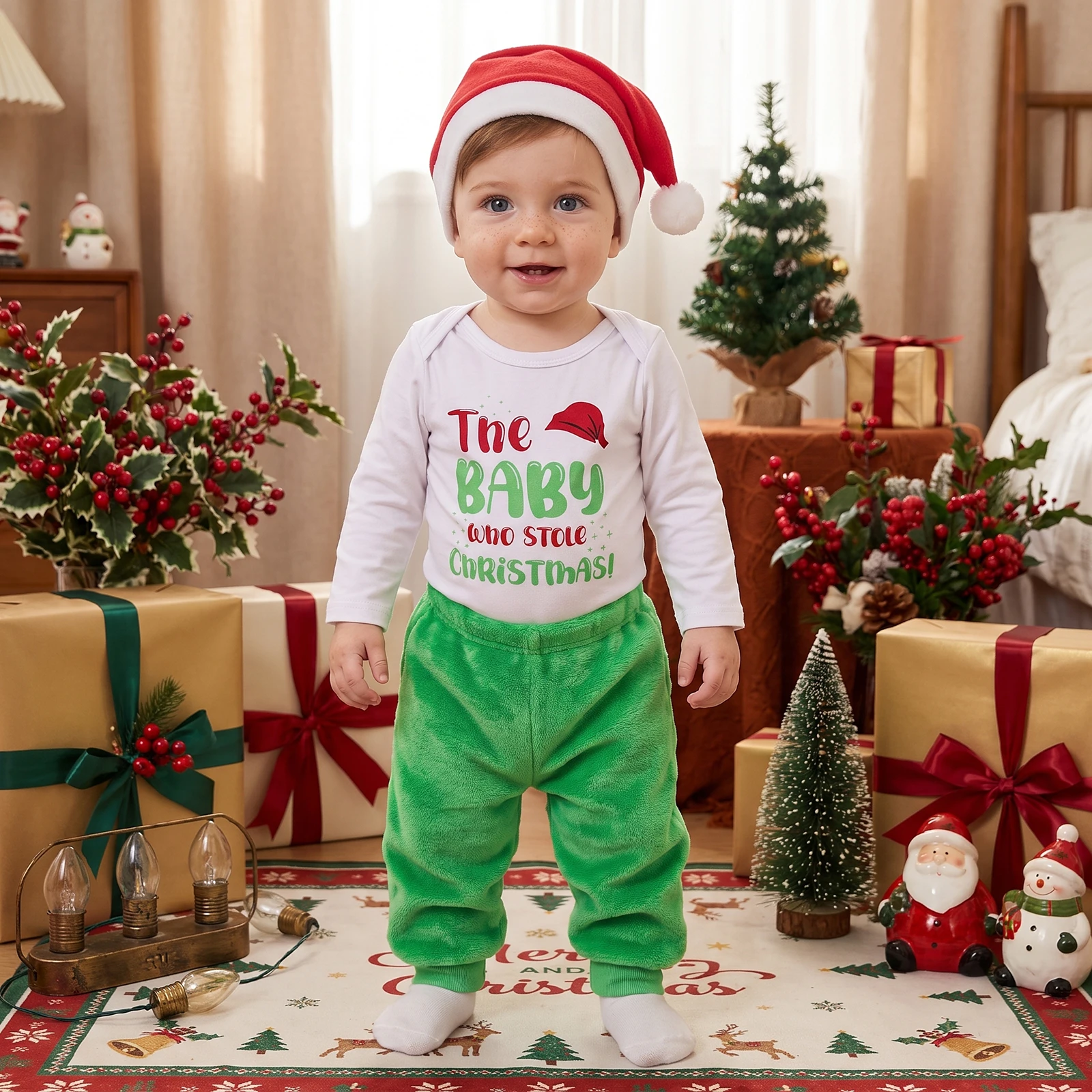 Baby Boy Christmas Outfit, Letters Print Romper with Furry Pants and Hat