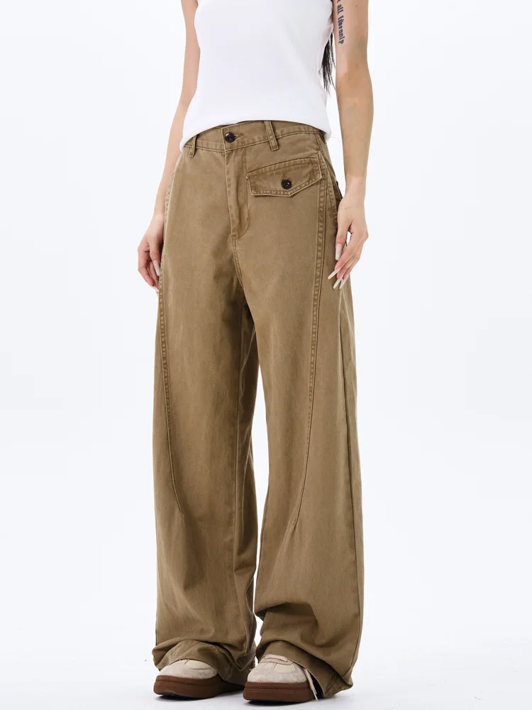 

Yeboon American Retro Coffee Straight Casual Pants Loose Fit Women's Men's ket Design Cotton Work Trousers for Teens