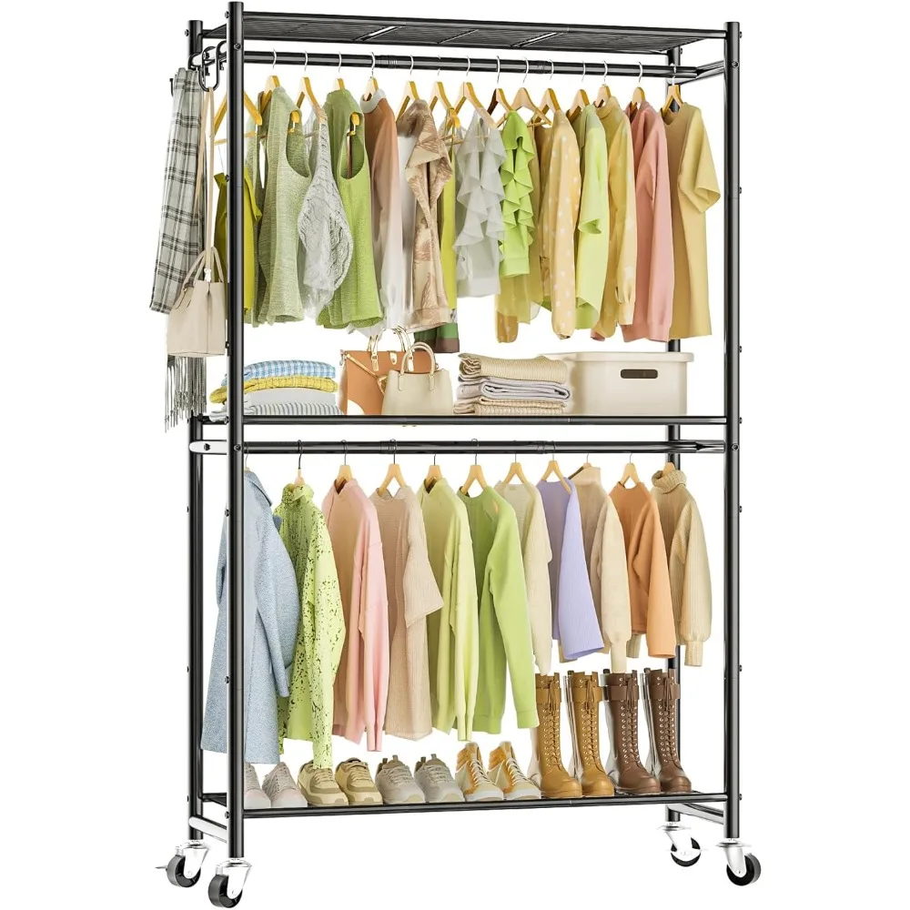 

Rolling Clothes Rack for Hanging Clothes, 47.2"x 11.8"x 79" Large Capacity Garment Rack with Double Rods & 3 Wire Shelves, Porta
