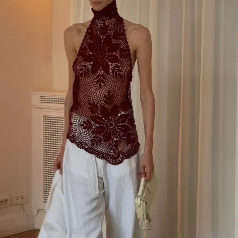 女性用ハンドメイド花柄クロシェ編みレースアップニットベストツーピースセット、ハーフハイカラーライニング付き高品質バックレスベスト2026新作