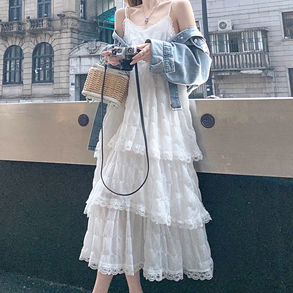 여성 여름 Befree 긴 빈티지 섹시한 캐주얼 프릴 우아한 맥시 스트랩 Camis 실키 비치 레이스 우아한 파티 드레스 Vestidos