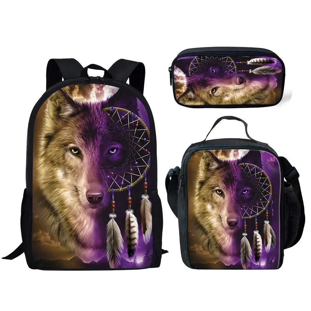 Creative Wolf Totem 3D Print 3Pcs/Set School Bag Student Teenager Boys Girls Campus Daily Storage Backpack Lunch Bag Pencil Bag