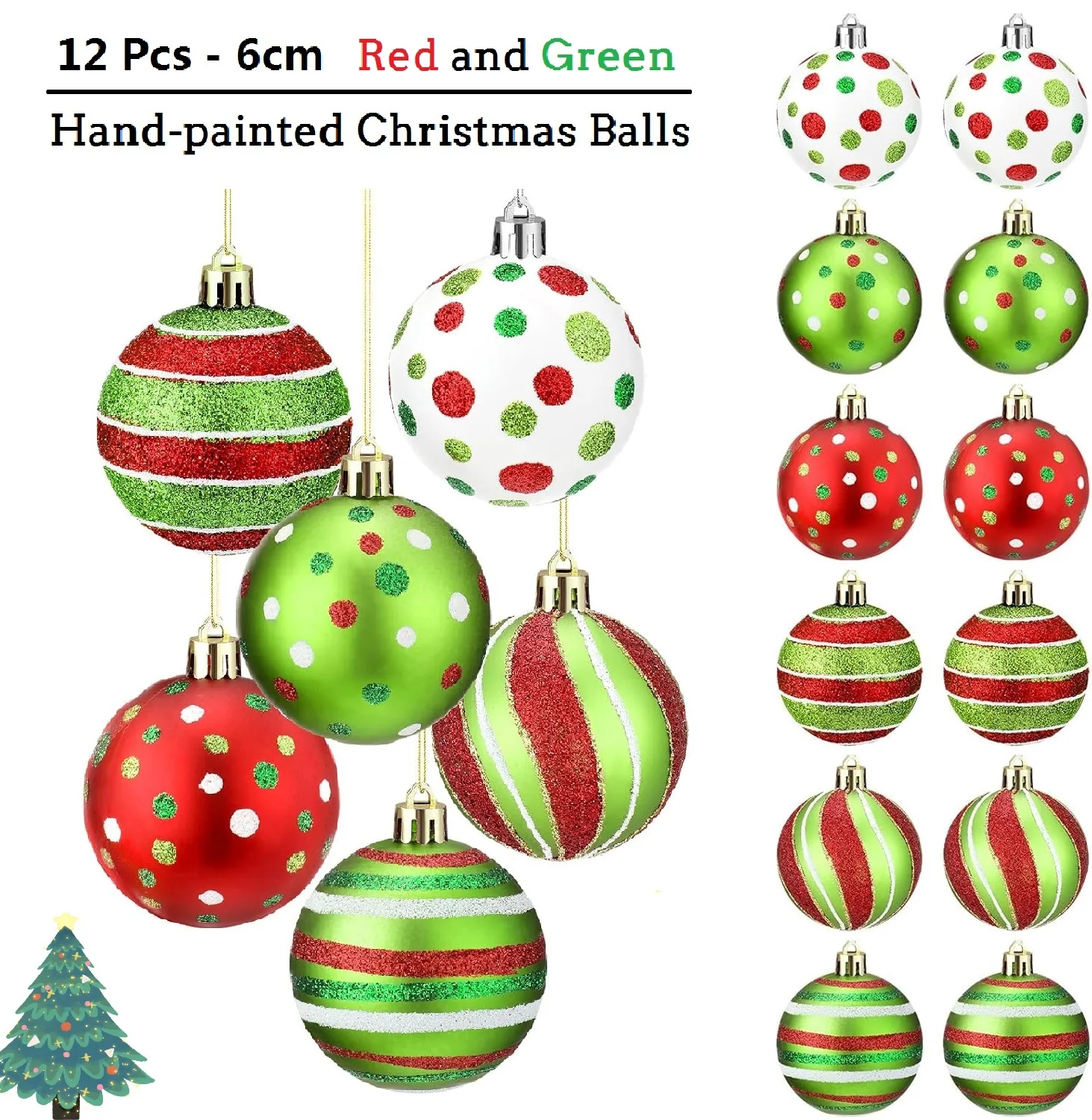 

Lksixu 12Pcs 2.36 inch Red Green White Shatterproof Plastic Christmas Balls Ornaments, Xmas Tree Hanging Baubles Decorations,