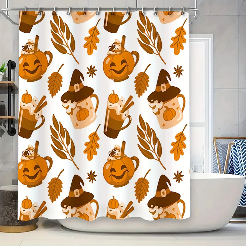 

Занавеска для душа ручной работы на Хэллоуин с осенними листьями, кружки с тыквой, декоративный тканевый коврик для ванной, набор для украшения дома в различных условиях C