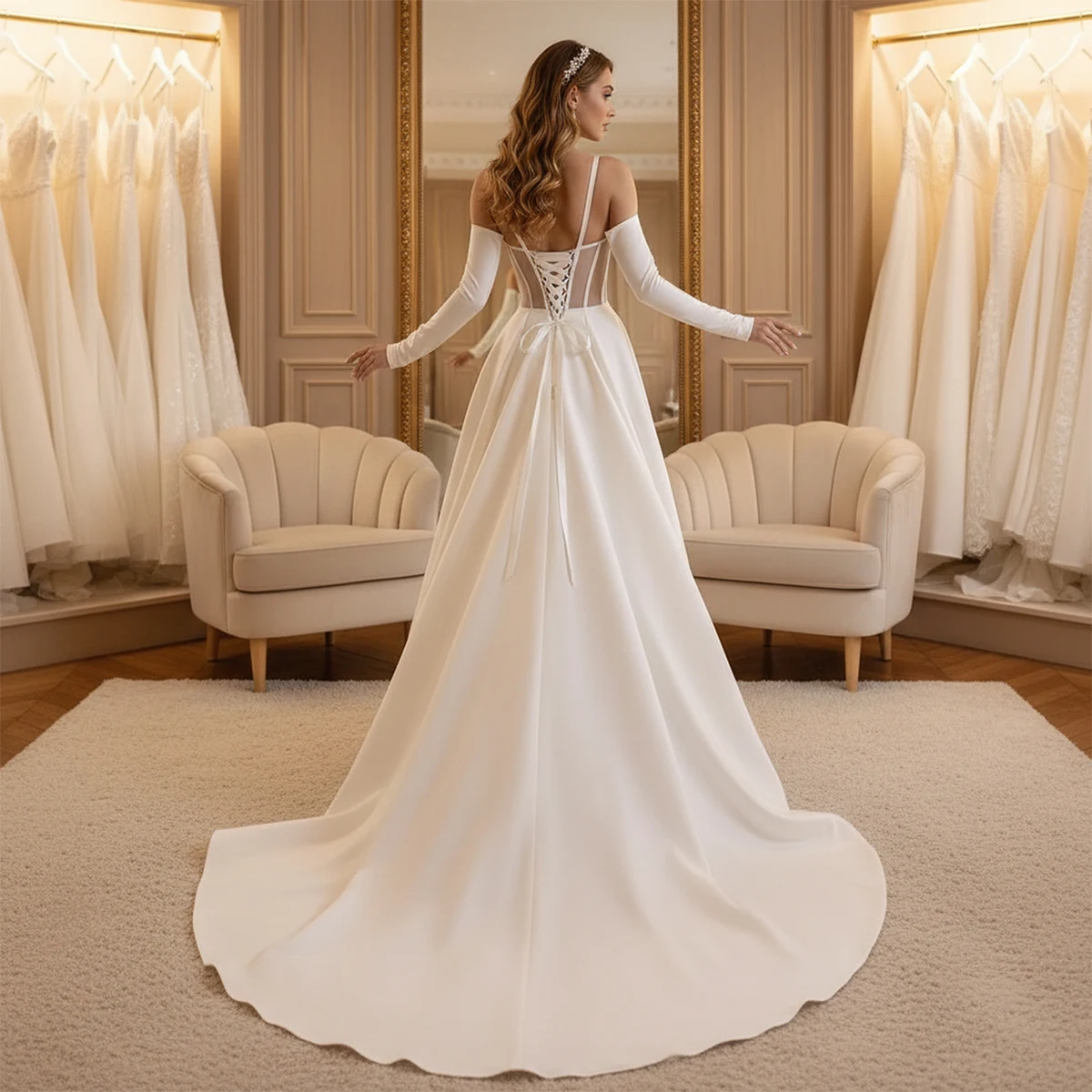 فستان زفاف بسيط برقبة على شكل V مع شق ذيل قابل للانفصال حورية البحر من الساتان طويل لحفلات الزفاف فيستدوس نوفيا
