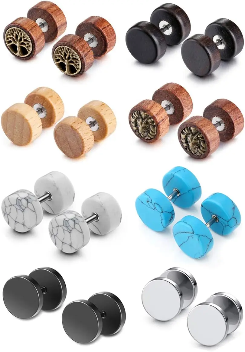2 Paar 16G Holz Imitation Gauge Ohrringe Punk Stil Edelstahl Türkis Barbell Ohrstecker Piercing Schmuck – Detail 8