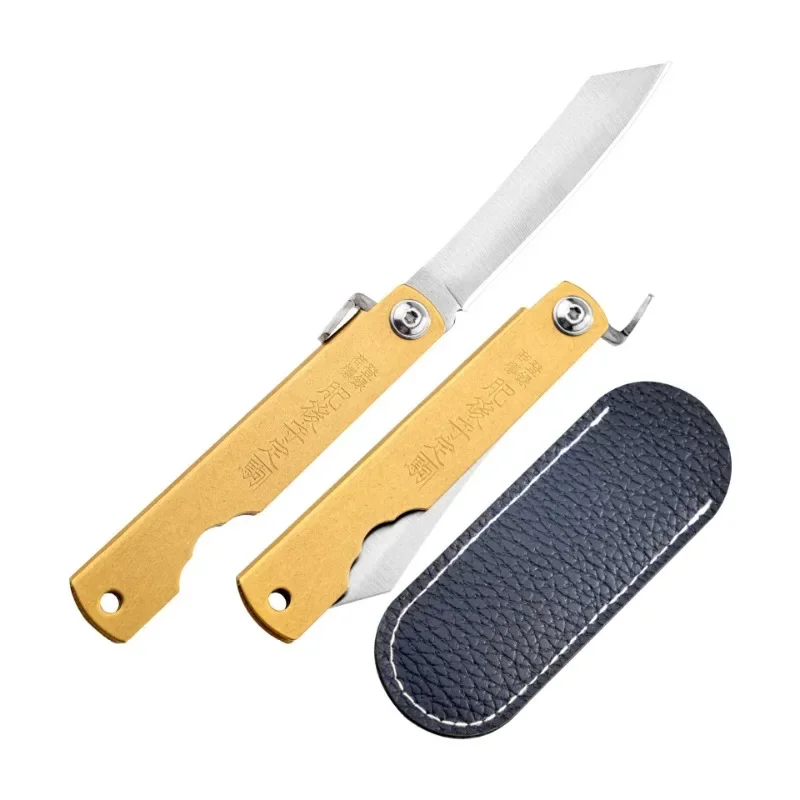 Portable outdoor tool knife, Damascus mini self-defense tactical copper handle manual folding knife, convenient EDC small knife