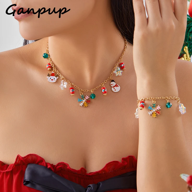 

GANPUP Christmas Collection Necklace Bracelet Set For Women Fashion Winter Christmas Snowflake Snowman Charm Jewelry Party Gift