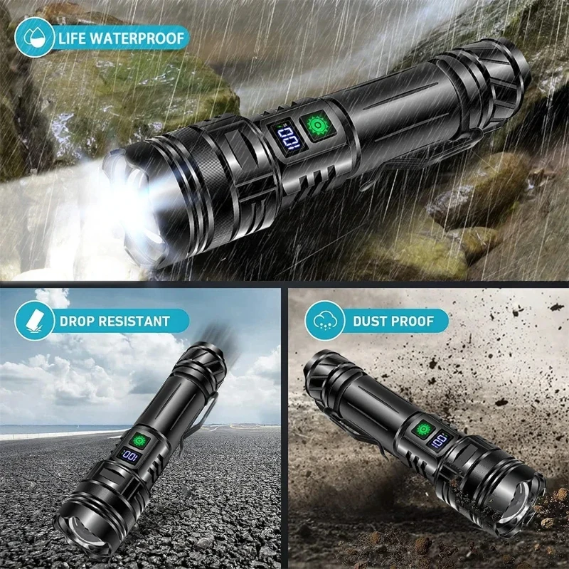 High Powerful LED Flashlight Aluminum Alloy Rechargeable LED Zoom Tactical Torch Outdoor Waterproof Multifunction Searchlight