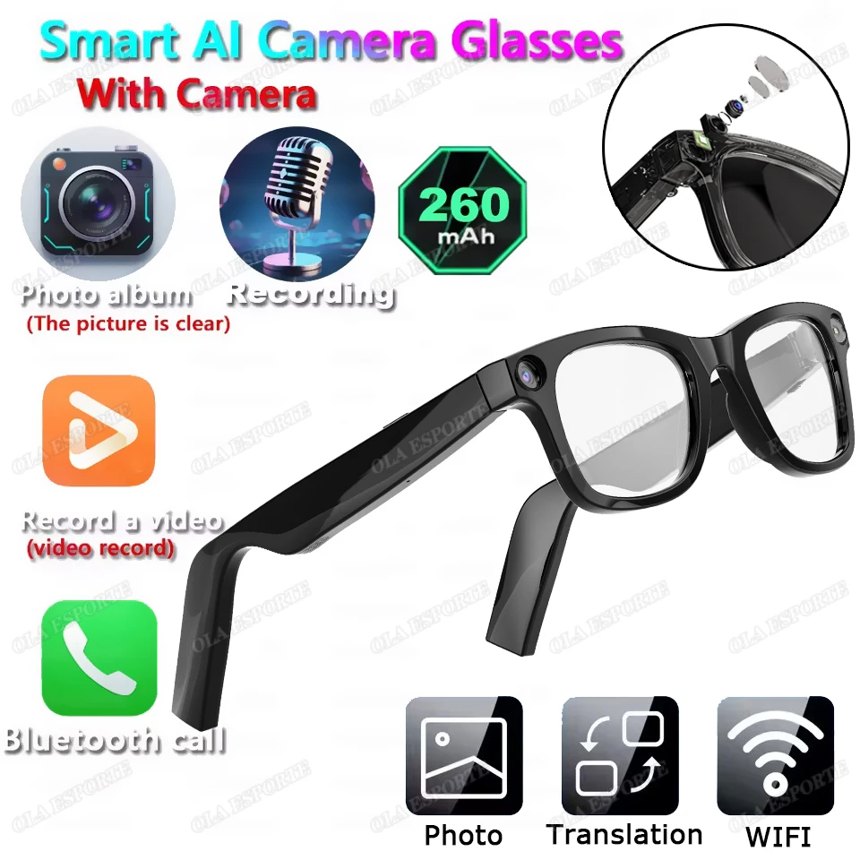 4K HD AI Smart Glasses WIFI Chat GPT Camera Bluetooth Call Voice Assistant Control Anti Blue Light UV400 Smart Glasses Men Women