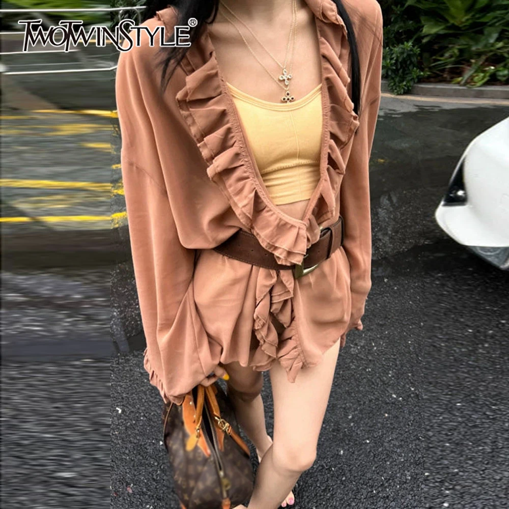 

TWOTWINSTYLE Solid Spliced Ruffles Shirt Female V Neck Long Sleeve Slimming Sexy Women's Shirt Summer Style Fashion New Clothes