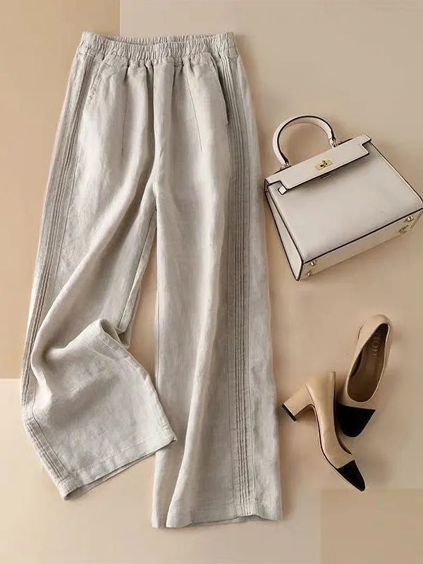 Cintura alta perna larga algodão linho solto emagrecimento verão novo sle calças casuais femininas corte reto fino modelo ket design