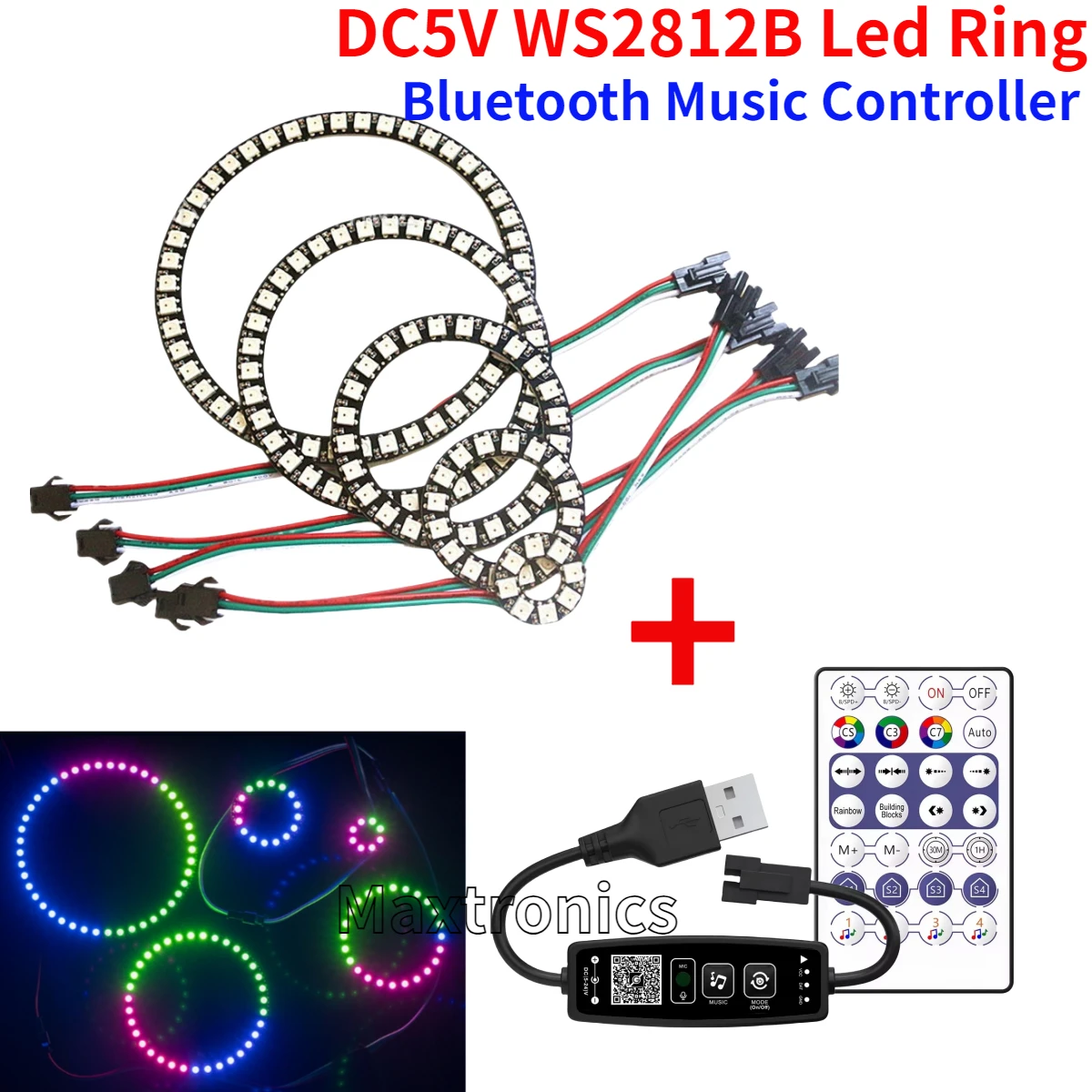 WS2812B RGB Led pierścień indywidualnie adresowalny i USB 28Key muzyka Bluetooth zestaw sterowniczy lub BuiIt-in 8/16/24/35/45 pikseli lampa