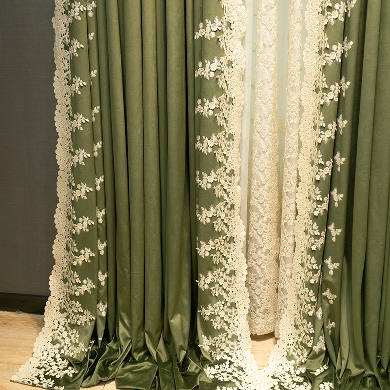 Custom curtain Upscale American embroidered silk flannelette green velvet thick cloth blackout curtain tulle drape C1403