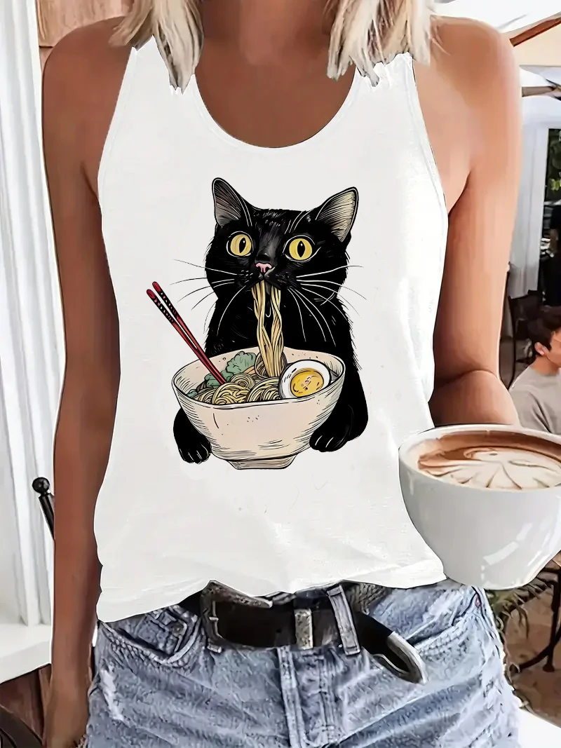 Funny T-shirt Ramen Cat Japanese Style Printed Vest Graphic Tank Top Women’s Sleeveless Crew Neck Casual Top for Summer Spring