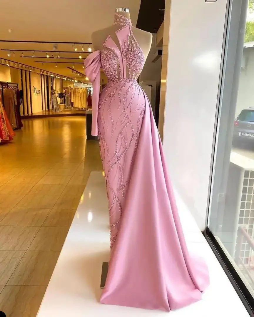 

Modern Mermaid Gown Prom Dresses Appliques Pattern Pink Satin Party Dresses Plus Size Custom Size Colour vestidos de festa