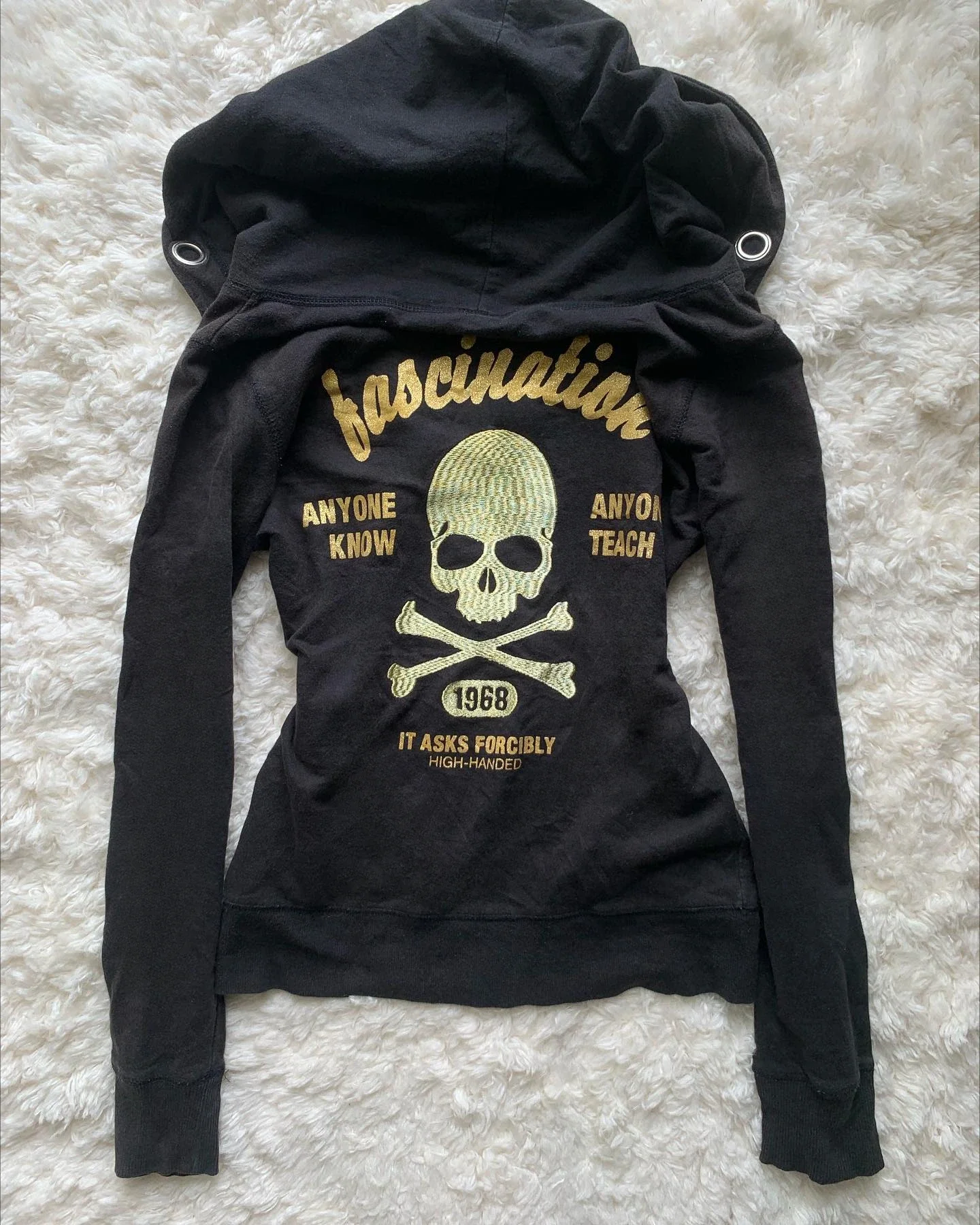 Punk Embroider Skeleton Cross Bones Pattern Gold Lettering Hoodies Women Winter Streetwear Top Zip Up Sweatshirt Y2K Goth Jacket