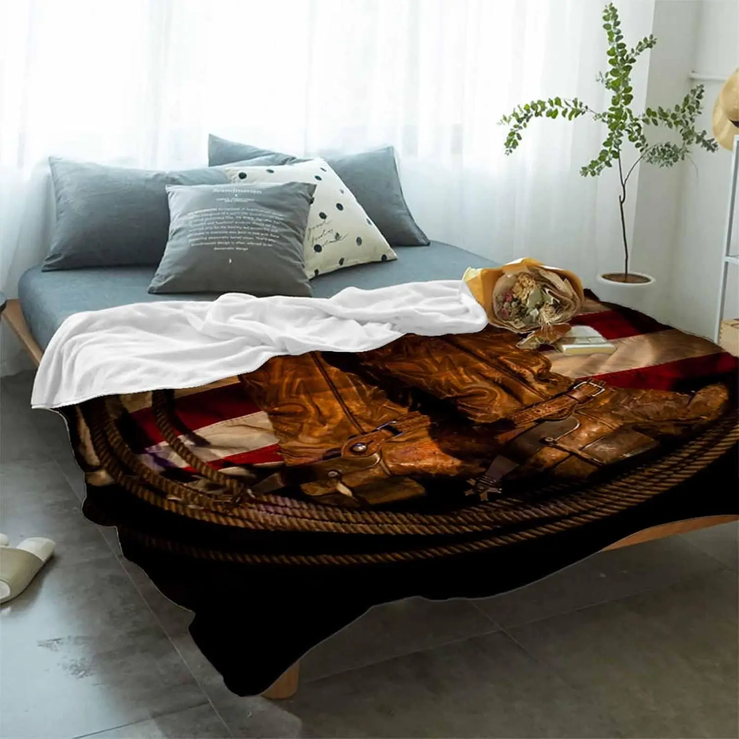 T&H XHome Flannel Fleece Microfiber Throw Blanket USA Western Blanket, Cowboy Hat with Boots Rope on American Flag Soft Warm Fuz