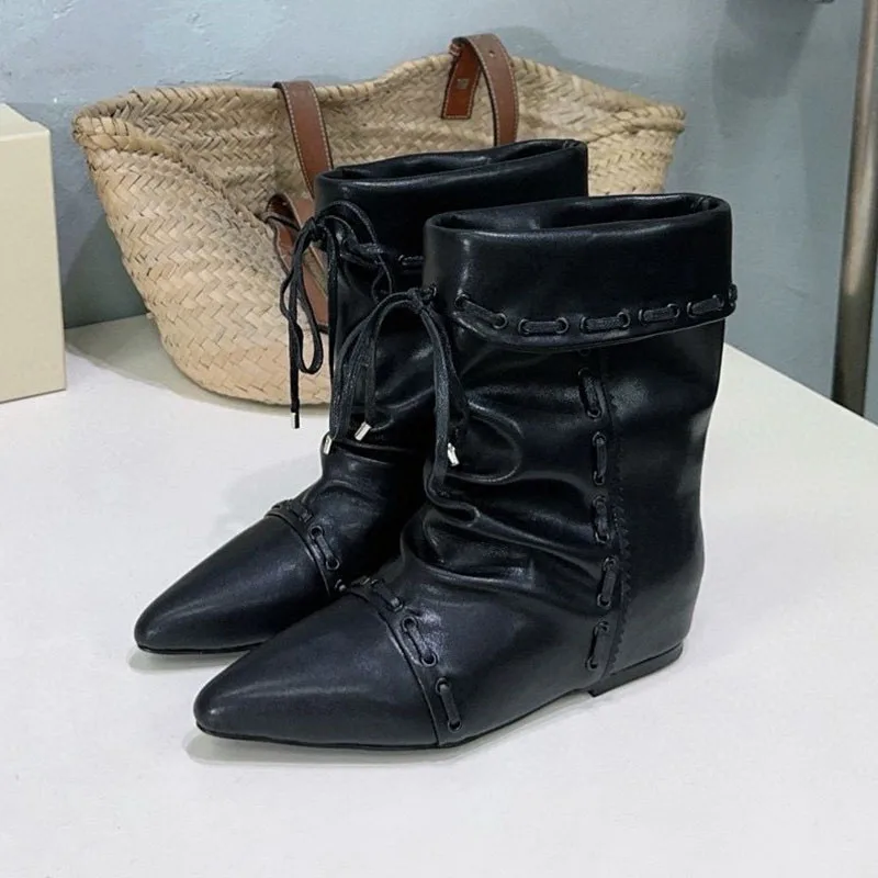 Pointed Toe Flat Mid Calf Boots Women Real Leather Cross Tied Design Short Boots Ladies Autumn Winter Western Cowboy Boots Mujer