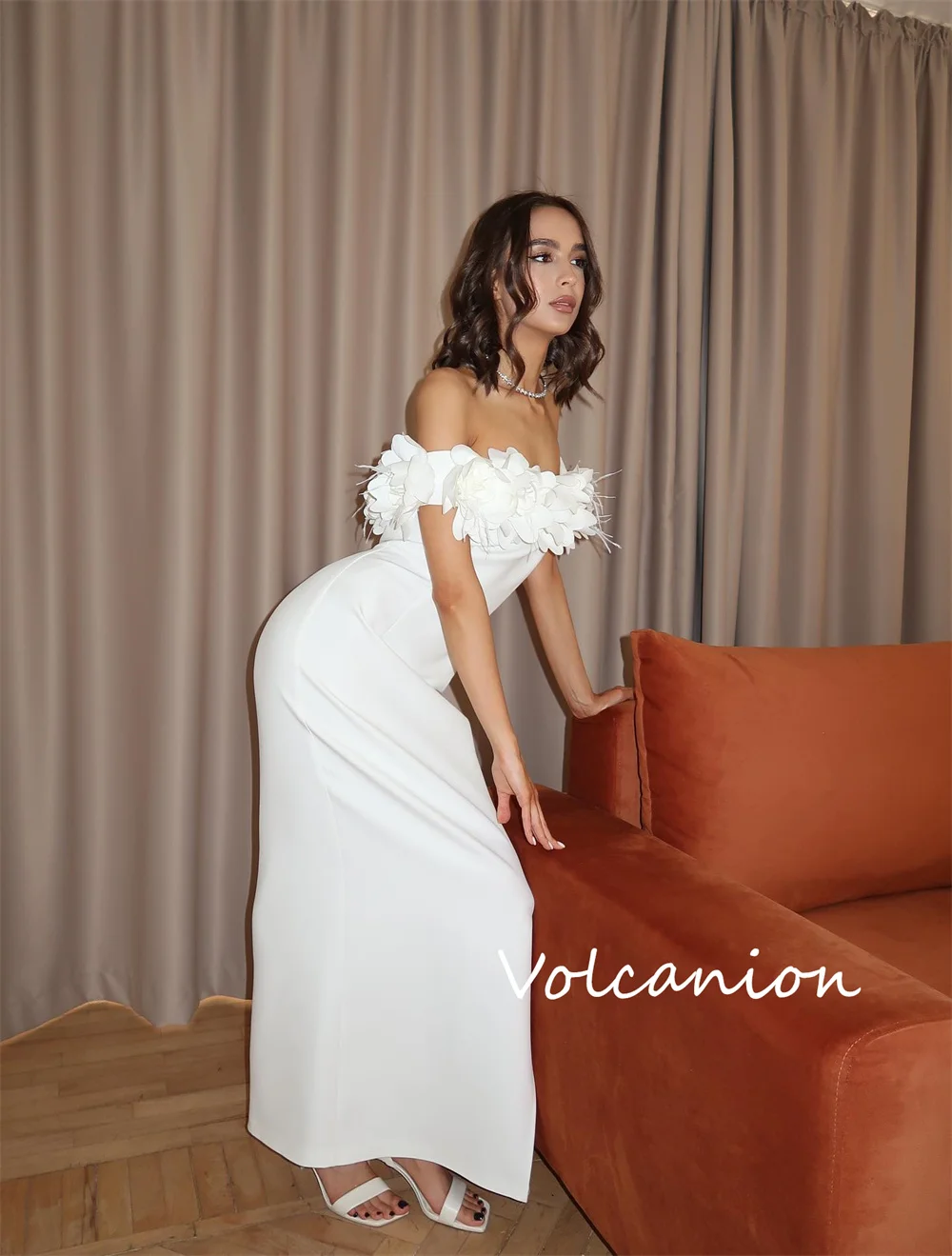 تخصيص أنيقة جيرسي زهرة مستقيم خارج على الكتف فساتين متوسطة الطول مناسبة مخصصة الطراز الحديث الكلاسيكي