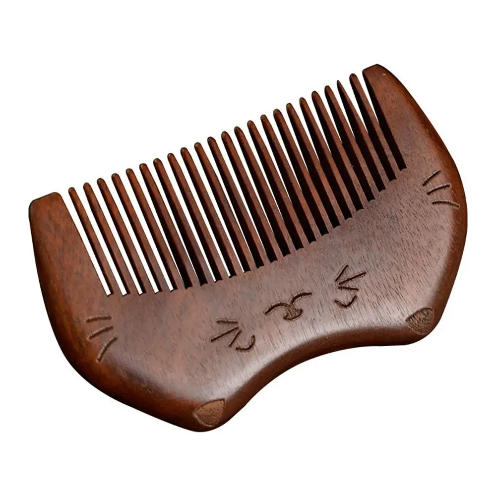 Narrow Tooth Cat Wooden Scalp Combs Anti-Static Carve Designs Head Acupuncture Point Massage Comb with Tassel Natural