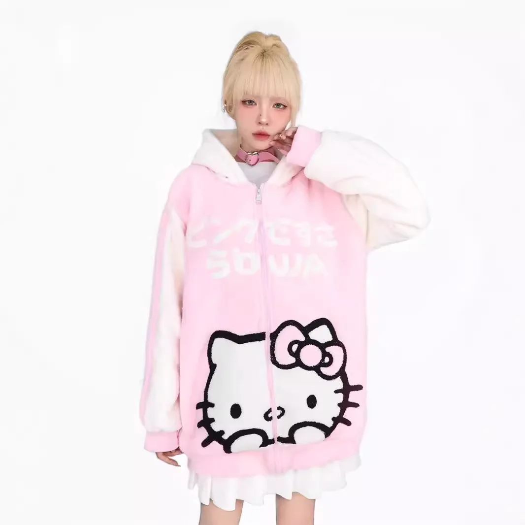 Simpatico dolce Hello Kitty nuovo caldo felpa in velluto con cappuccio cappotto Kawaii Cartoon autunno inverno cardigan oversize giacca esterna in