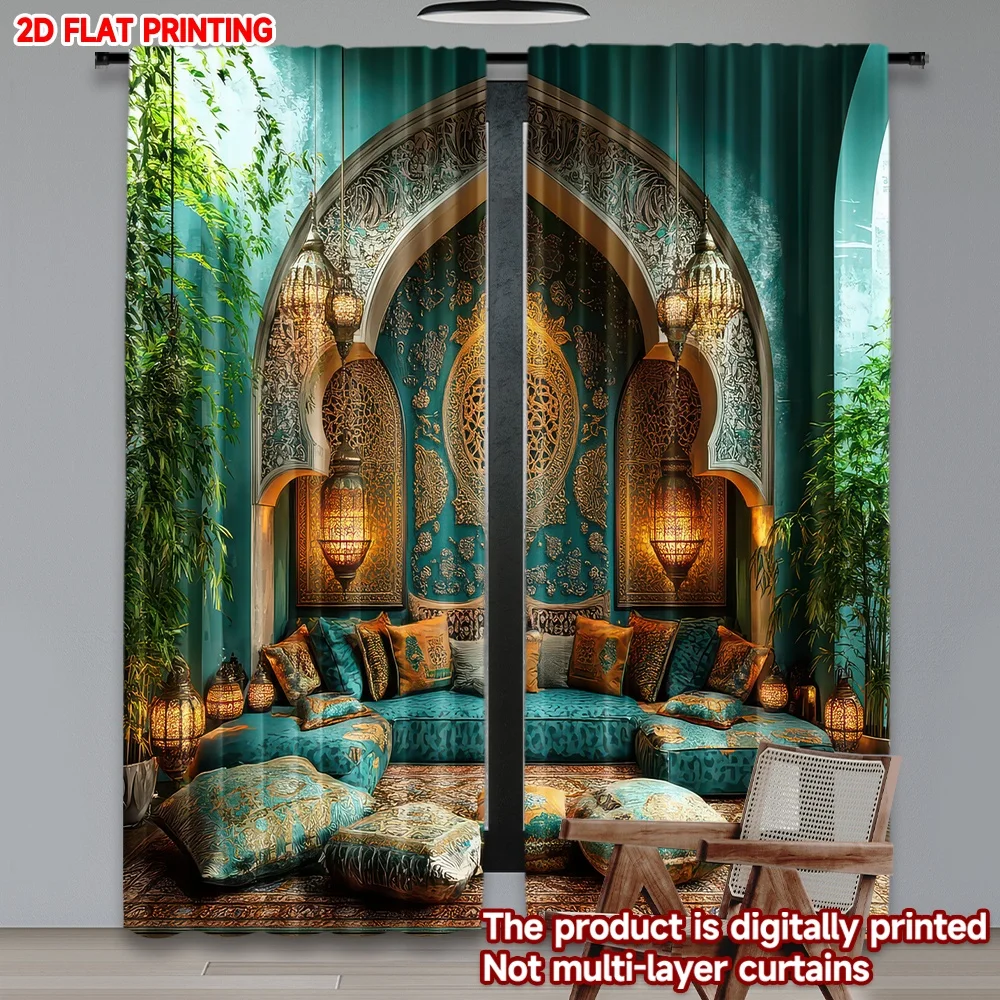 

2D flat printing 2pcs Curtains Moroccan Style Living Room Digital Printed Polyester Drapes Festive Holiday Use for Photo Booths