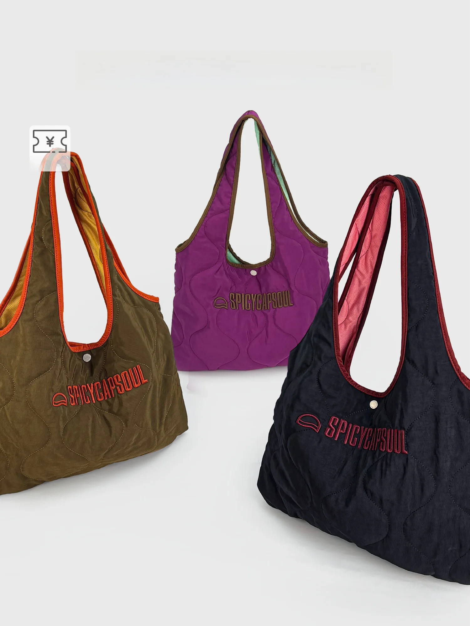 SpicyCapSoul Art Student Underarm Nylon Patchwork Cotton Filled Single Shoulder Tote Bag Retro Artistic Style Women's Bag
