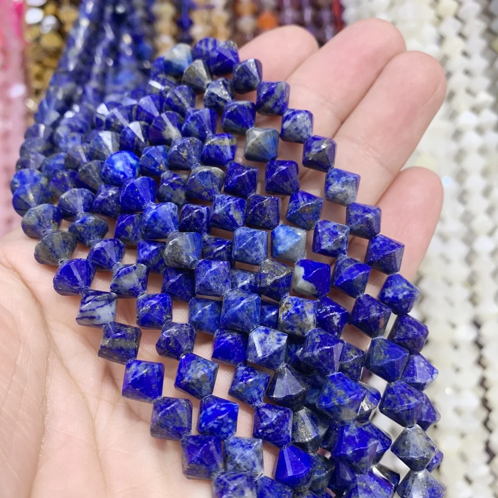 Natural 8mm Lapis Lazuli round Crystal Pyramid Beads Faceted Loose Spacer for DIY Jewelry Making Necklace Bracelet