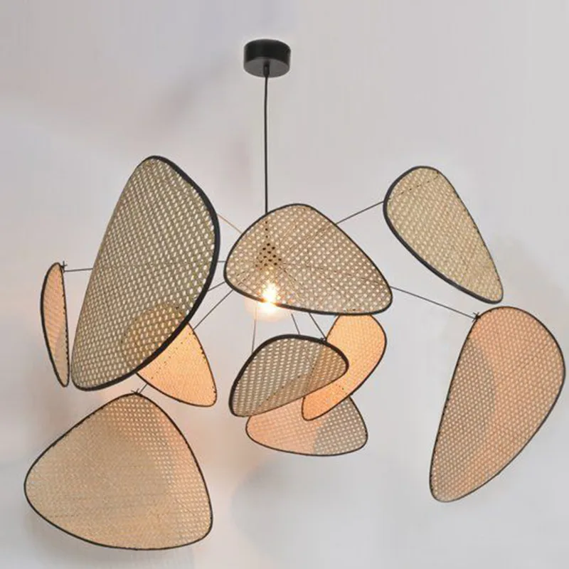 Nordic Designer Leaf Grid Rural Head Made Rattan Led Pendant Lamp Retro Restaurant Bedroom Kitchen Decor Hanging Light Fixtures