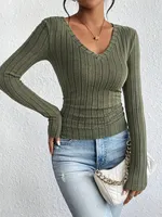 Spring and summer explosive V-neck with sweater women slim temperament simple base shirt long sleeve top woman
