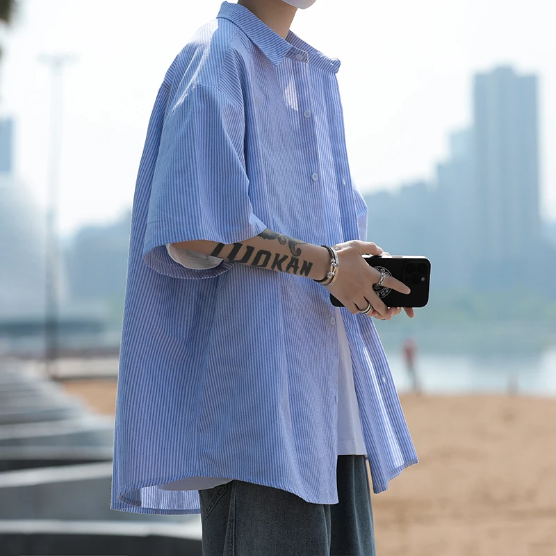 Summer New Men's Striped Short Sleeve Casual Shirt Loose Fit Collared American Style Versatile High-End Feeling Lightweight J...