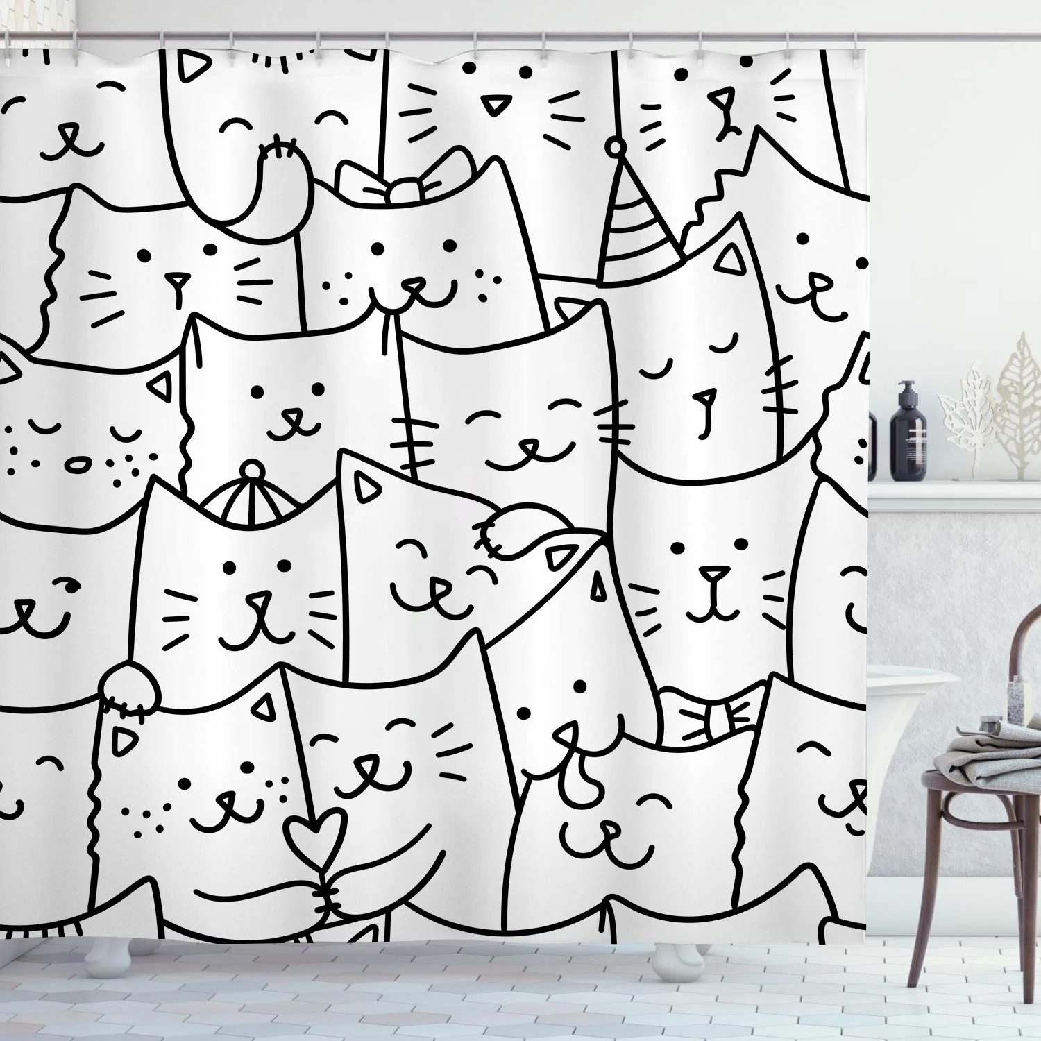 Black Line Katzen-Duschvorhänge, waschbarer Stoff, Polyester, für Badewanne, Kunst, Badezimmer, Dekor, Trennwand mit Haken, zum Aufhängen, wasserdicht – Detail 9