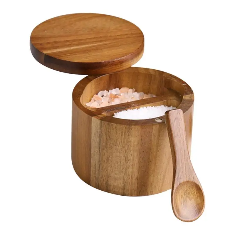 Wood Salt Tank Solid Wood Seasoning Box Salt Pepper Jars Sugar Container Household Salt Cellar Seasoning Jar Kitchen Wood Jar