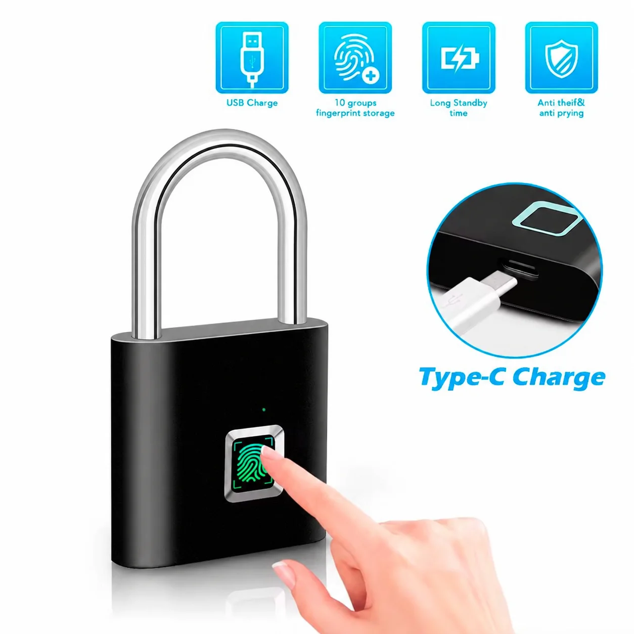 CDOK P2 Fingerprint Padlock, Built-in Rechargeable Battery, Outdoor Waterproof, Easy to Use
