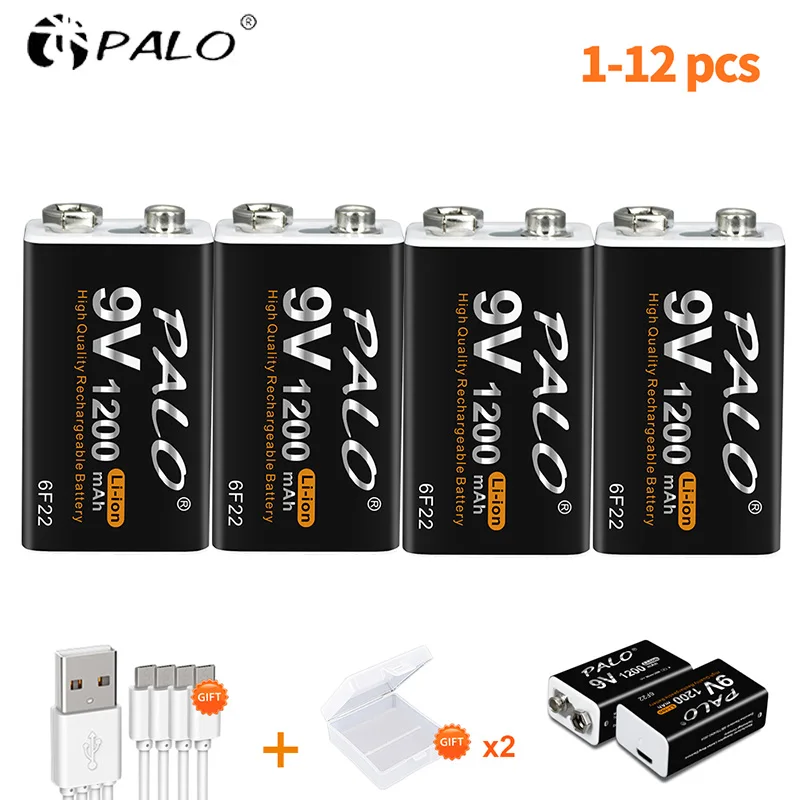 PALO 1200mAh Tyep-C USB 9V Battery Rechargeable 9 Volt Li-ion 6F22 Lithium Battery for RC Helicopter Model Microphone Toy