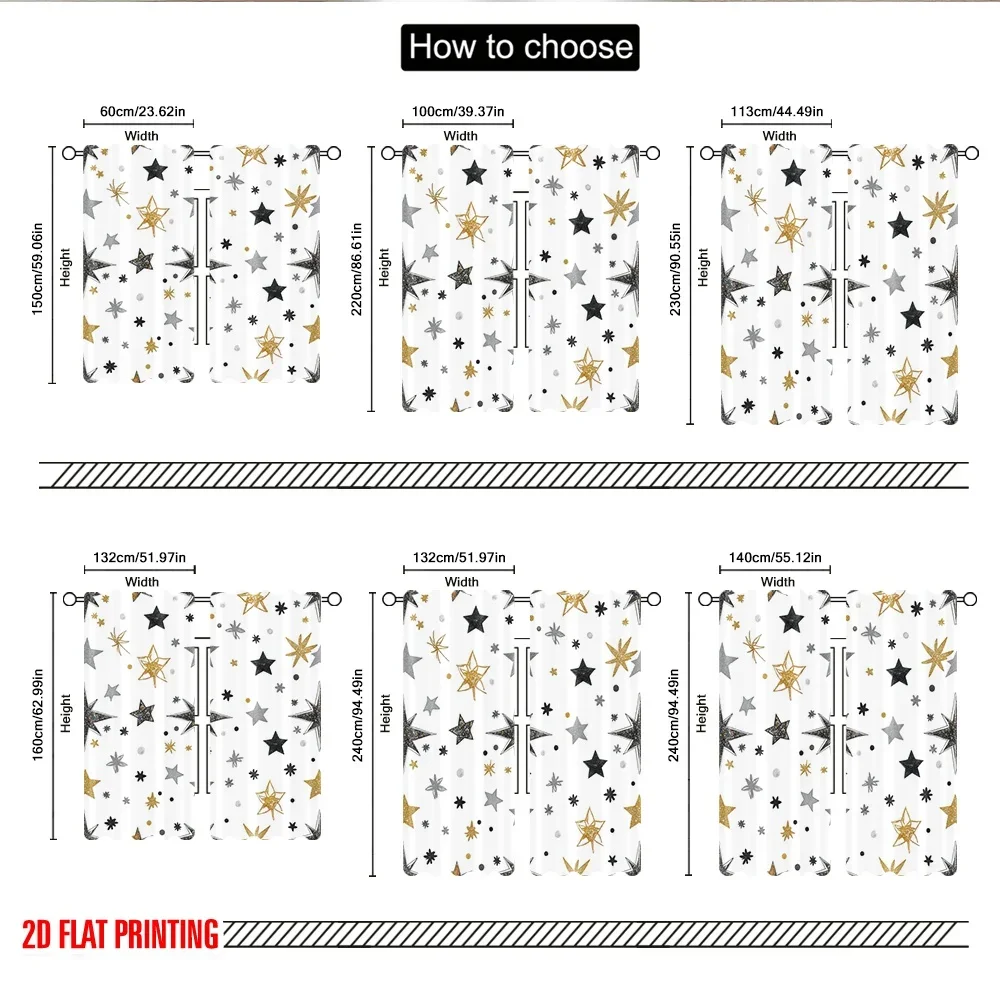 2 قطعة 2D الطباعة المسطحة نافذة الستائر نجوم سلس الذهب الأسود الرقمية المطبوعة البوليستر الستائر زينة الحفلات للصور